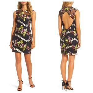 Bardot Jade Black Lace Jewel Tone Floral Sheer Cutout Back Mini Dress Sz 6